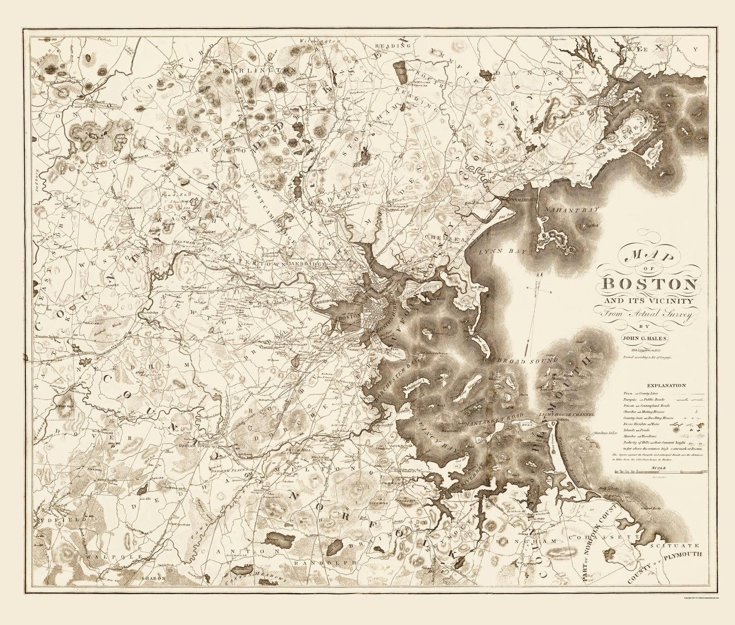 Historic City Map - Boston Massachusetts - Hales 1833 - 23 x 27.04 - Vintage Wall Art