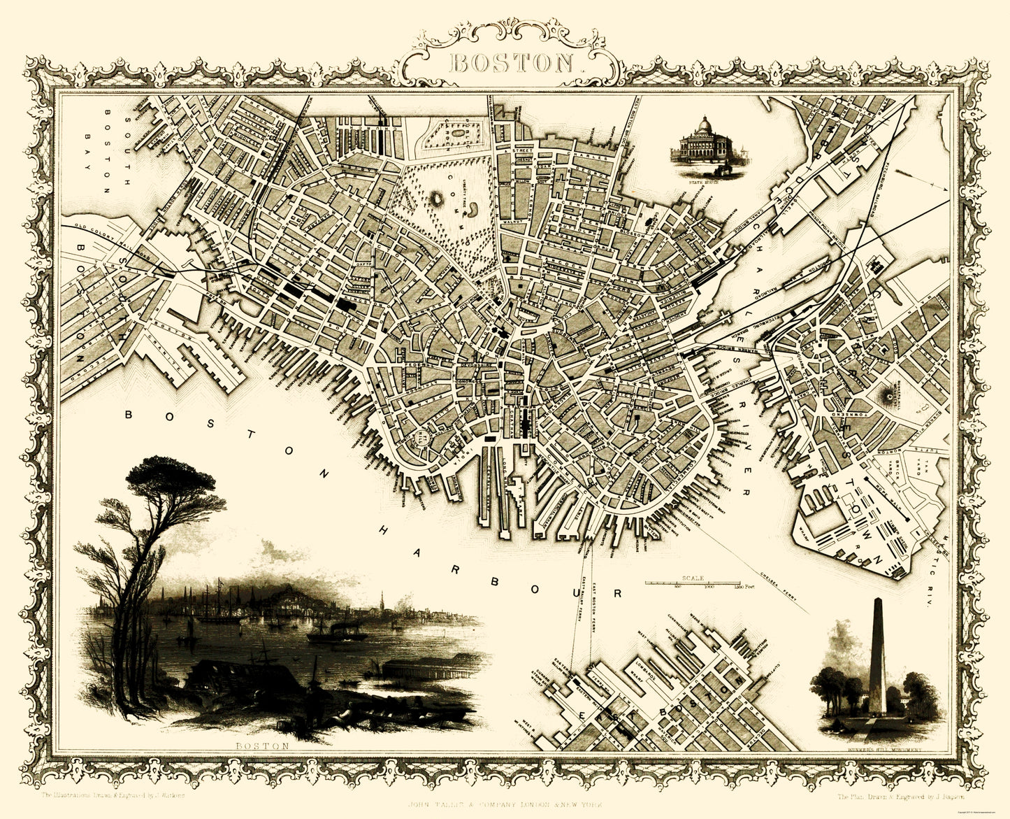 Historic City Map - Boston Massachusetts - Tallis 1838 - 23 x 28.38 - Vintage Wall Art