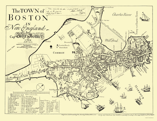 Historic City Map - Boston Massachusetts - Derving 1722 - 23 x 29.59 - Vintage Wall Art