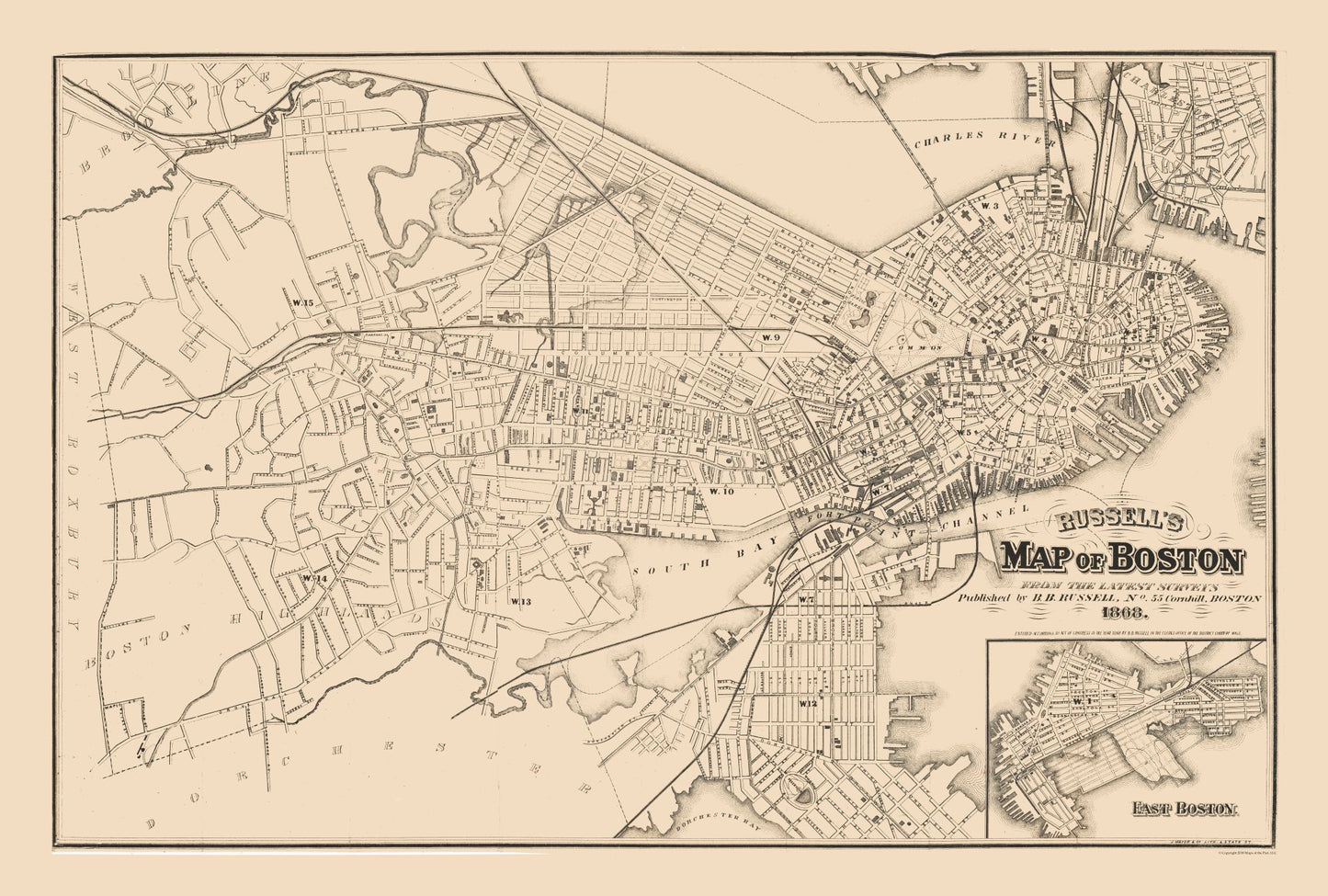 Historic City Map - Boston Massachusetts - Russell 1868 - 34.08 x 23 - Vintage Wall Art