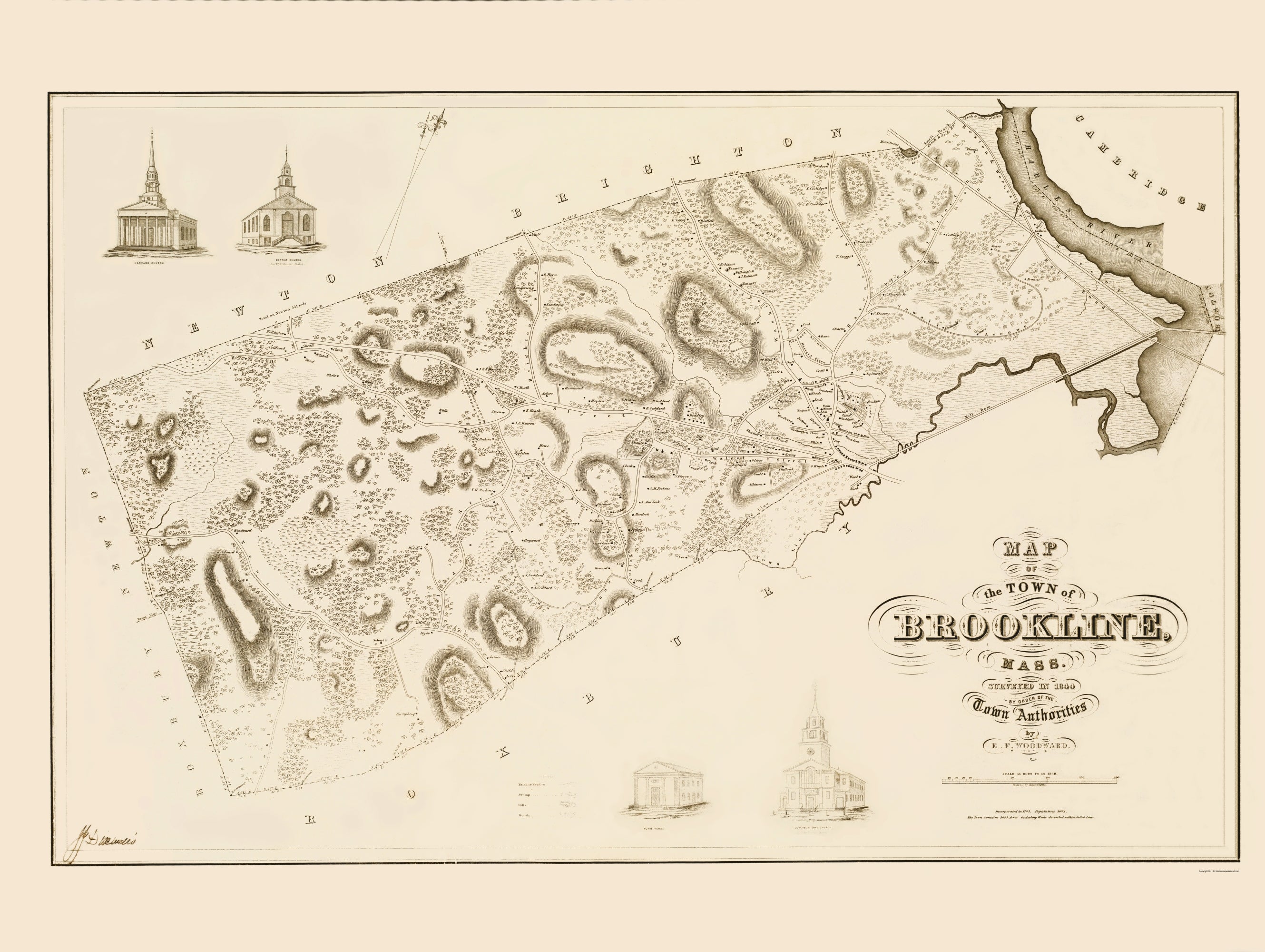 Historic City Map - Brookline Massachusetts County - Morse 1844 - 23 x ...