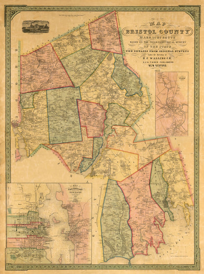 Historic County Map - Bristol County Massachusetts - Walling 1852 - 23 x 30.84 - Vintage Wall Art