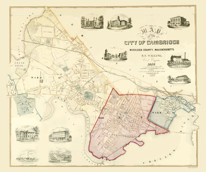 Historic City Map - Cambridge Massachusetts - Friend 1854 - 23 x 27.40 - Vintage Wall Art