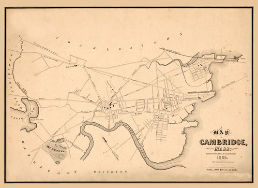 Historic City Map - Cambridge Massachusetts - Hayward 1838 - 31.50 x 23 - Vintage Wall Art