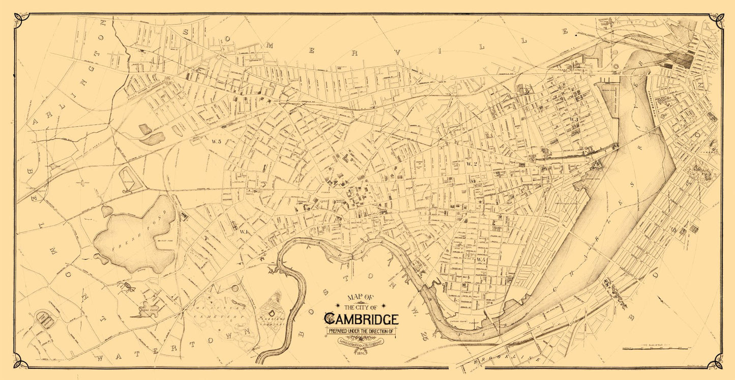 Historic City Map - Cambridge Massachusetts - Hastings 1894 - 44.49 x 23 - Vintage Wall Art