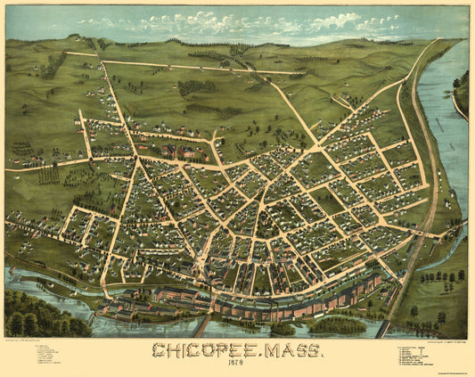 Historic Panoramic View - Chicopee Massachusetts - Brimner 1878 - 29 x 23 - Vintage Wall Art