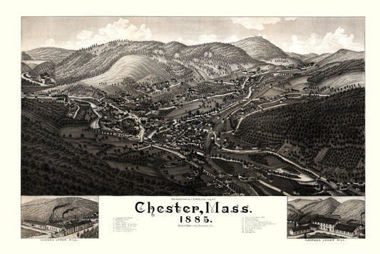 Historic Panoramic View - Chester Massachusetts - Burleigh 1885 - 34.48 x 23 - Vintage Wall Art