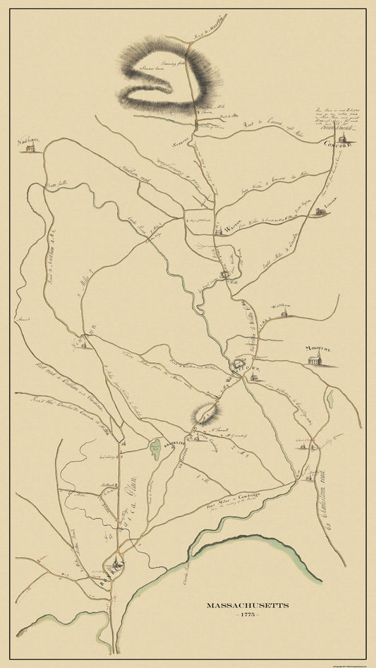 Historic Revolutionary War Map - Concord Massachusett Route - Browns 1775 - 23 x 25.31 - Vintage Wall Art