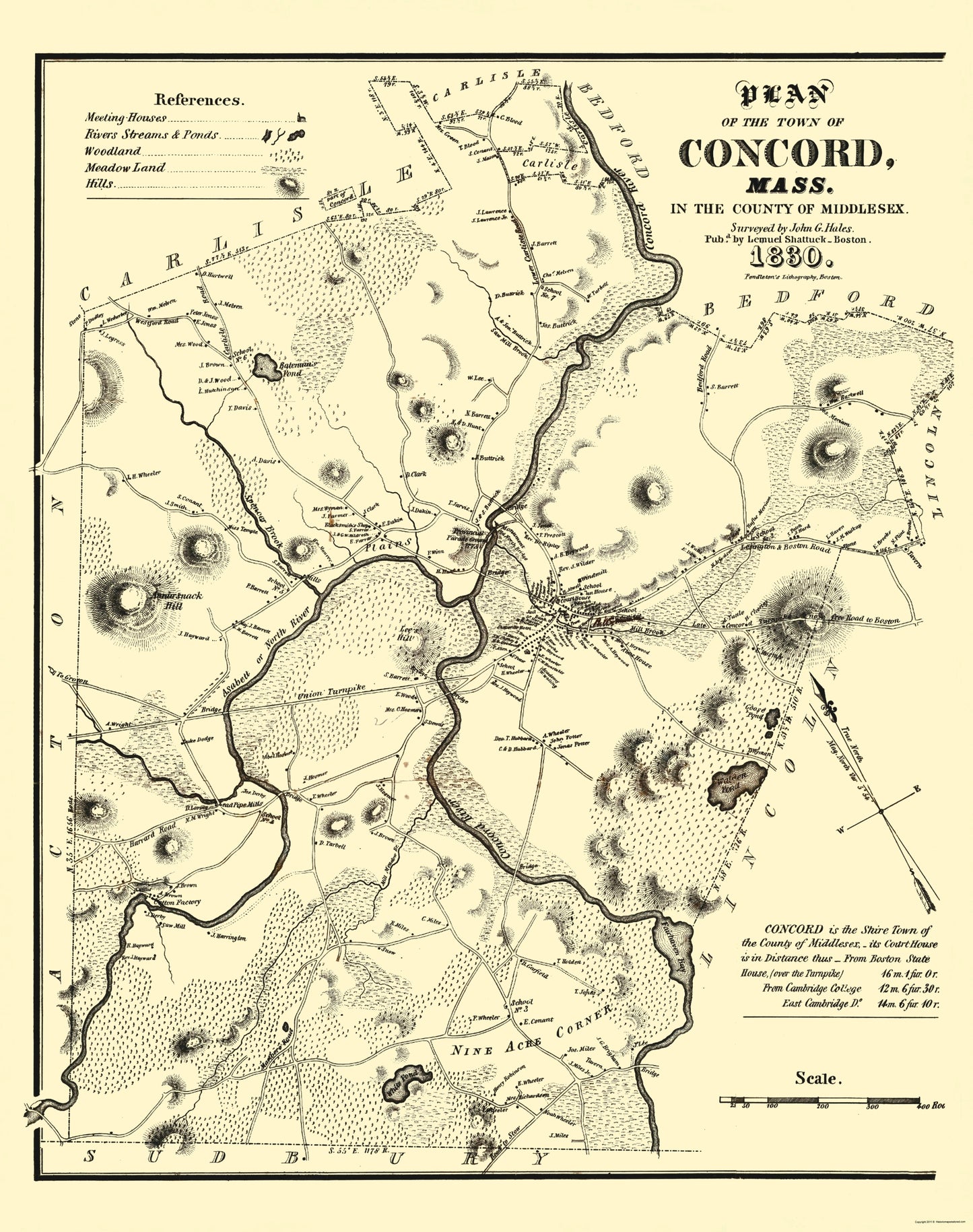 Historic City Map - Concord Massachusetts - Pendleton 1830 - 23 x 29.13 - Vintage Wall Art