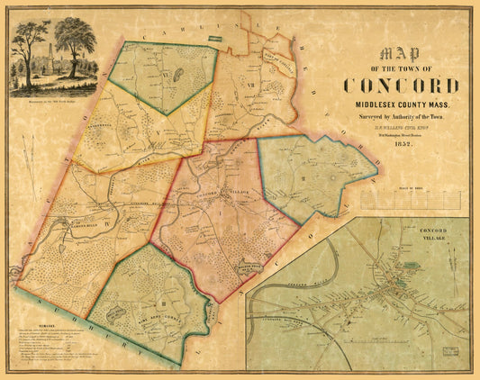 Historic City Map - Concord Massachusetts - Walling 1852 - 29.06 x 23 - Vintage Wall Art