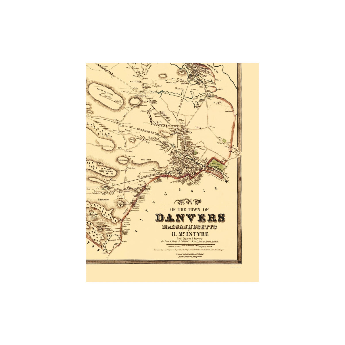 Danvers Map Historic City Map - Danvers Massachusetts County - Friend 1852 - 23 x ...