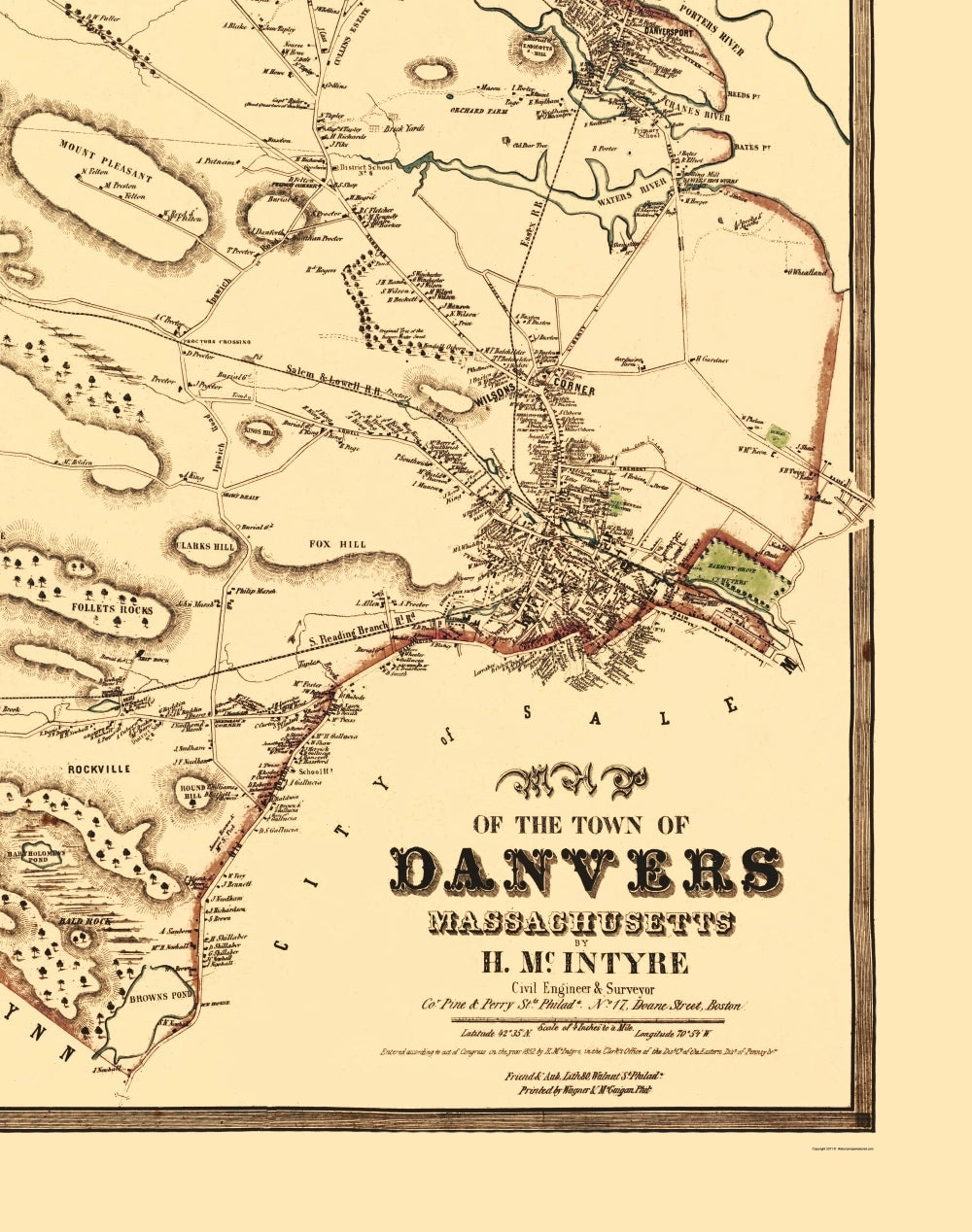 Historic City Map - Danvers Massachusetts County - Friend 1852 - 23 x 29.17 - Vintage Wall Art