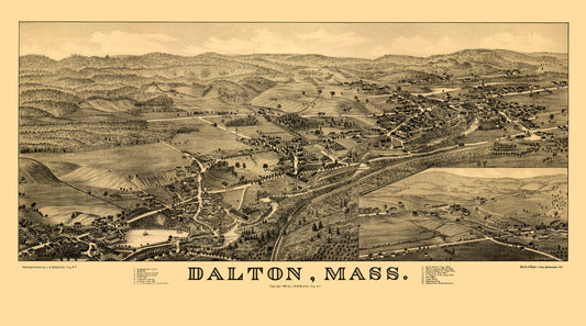 Historic Panoramic View - Dalton Massachusetts - Burleigh 1884 - 41.28 x 23 - Vintage Wall Art