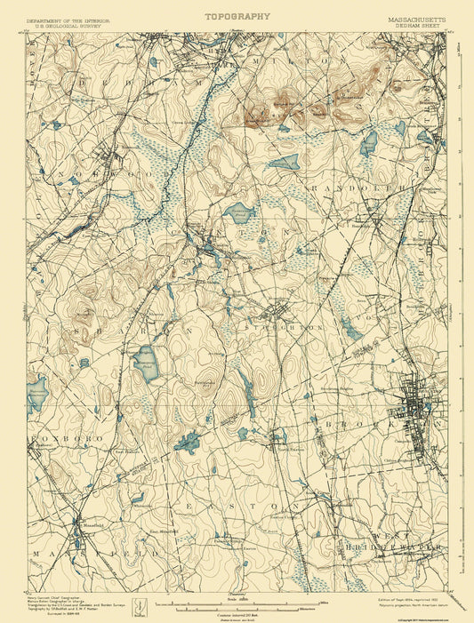 Topographical Map - Dedham Massachusetts Sheet - USGS 1894 - 23 x 30.25 - Vintage Wall Art