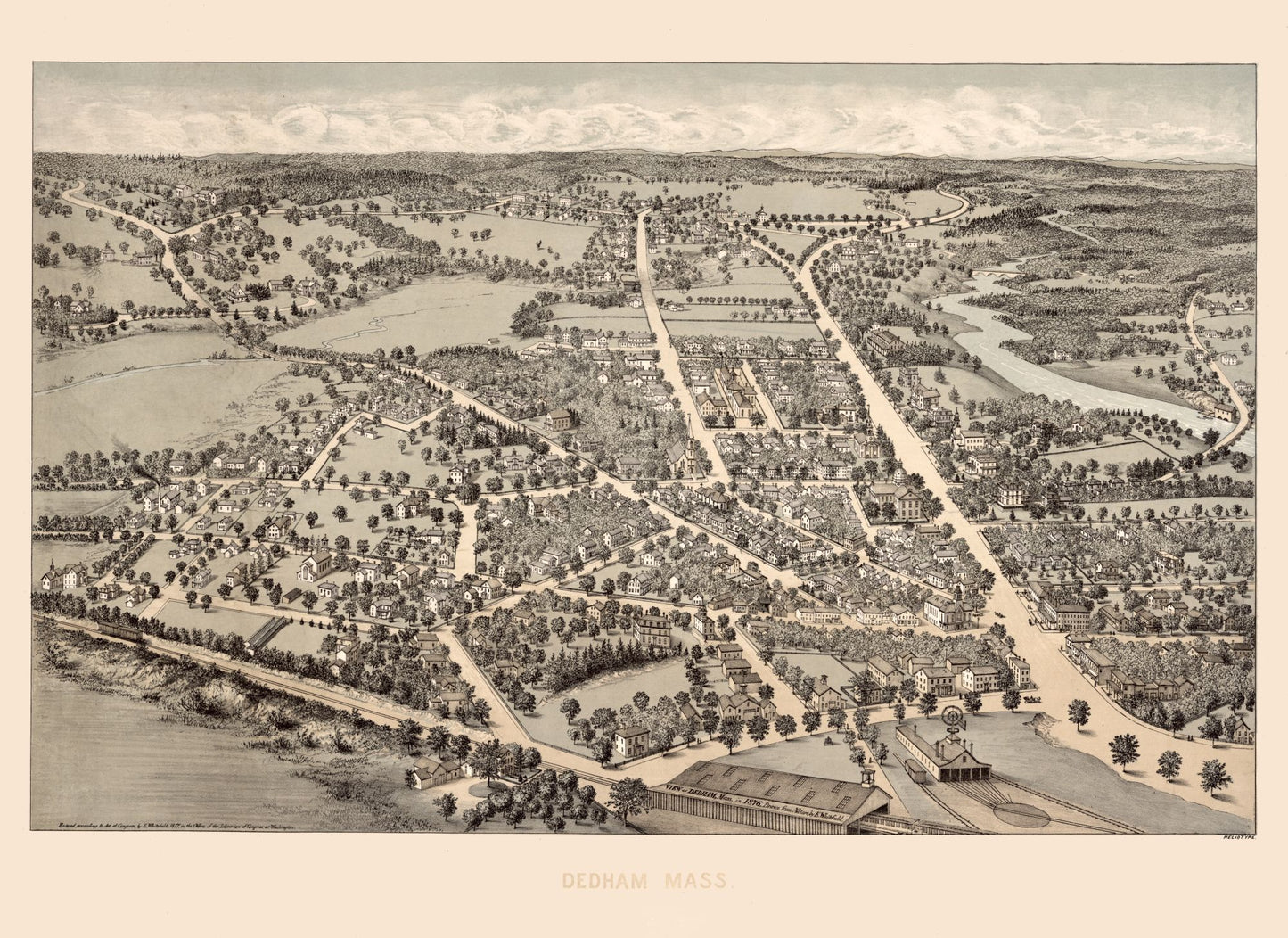 Historic Panoramic View - Dedham Massachusetts - 1876 - 31.58 x 23 - Vintage Wall Art