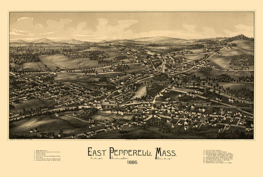 Historic Panoramic View - East Pepperell Massachusetts - Burleigh 1886 - 34.04 x 23 - Vintage Wall Art