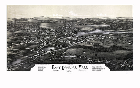 Historic Panoramic View - East Douglas Massachusetts - Burleigh 1886 - 36.70 x 23 - Vintage Wall Art