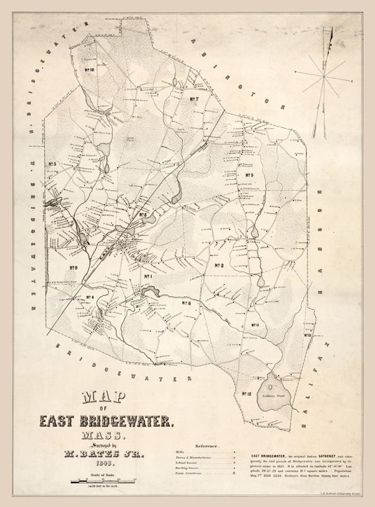 Historic City Map - East Bridgewater Massachusetts - Bates 1848 - 23 x 31.13 - Vintage Wall Art