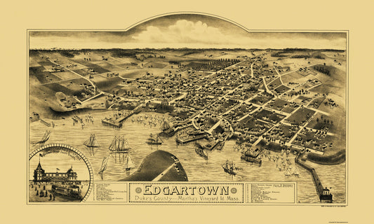 Historic Panoramic View - Edgartown Marthas Vinyard Massachusetts - Walker 1886 - 38.31 x 23 - Vintage Wall Art