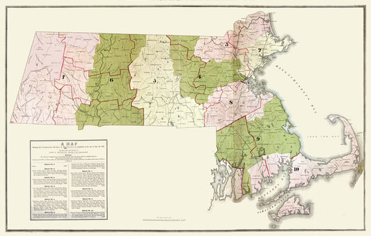 Historic State Map - Massachusetts Election Districts - Bigelow 1842 - 36.16 x 23 - Vintage Wall Art