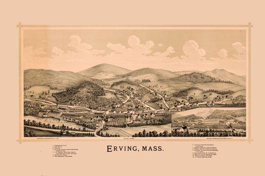 Historic Panoramic View - Erving Massachusetts - Burleigh 1891 - 34.65 x 23 - Vintage Wall Art