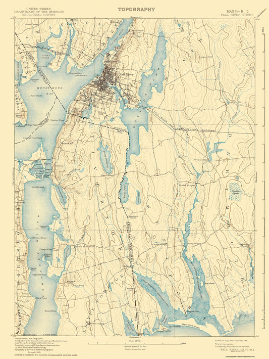 Topographical Map - Fall River Massachusetts Quad - USGS 1893 - 23 x 30.69 - Vintage Wall Art