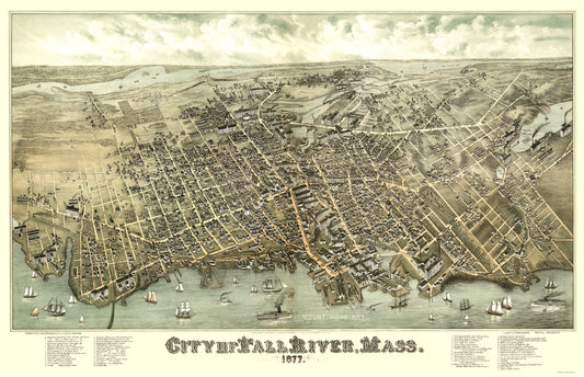 Historic Panoramic View - Fall River Massachusetts - Bailey 1877 - 23 x 35.59 - Vintage Wall Art