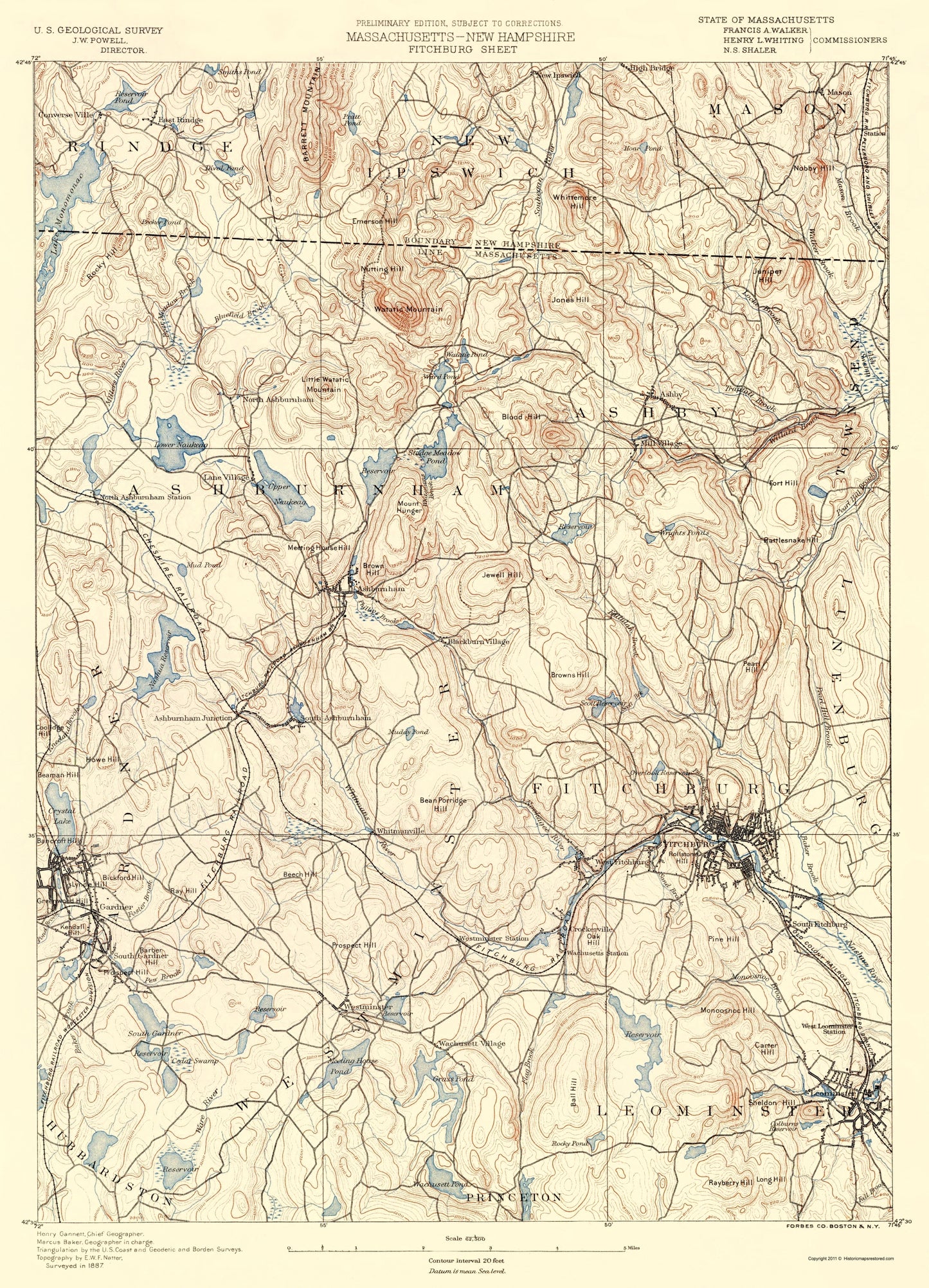 Topographical Map - Fitchburg Massachusetts Sheet - USGS 1890 - 23 x 31.90 - Vintage Wall Art