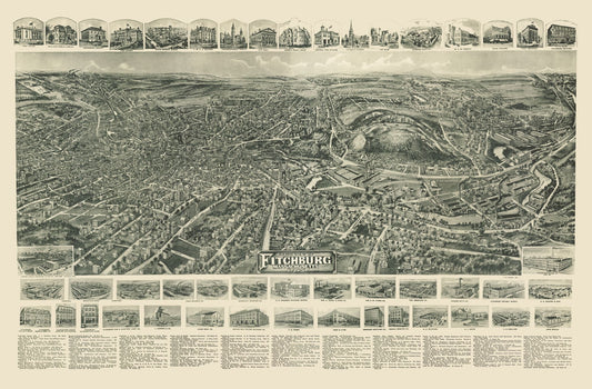 Historic Panoramic View - Fitchburg Massachusetts - Bailey 1915 - 35.05 x 23 - Vintage Wall Art