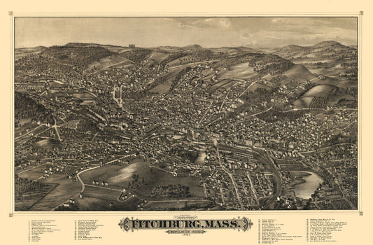 Historic Panoramic View - Fitchburg Massachusetts - Burleigh 1882 - 34.98 x 23 - Vintage Wall Art