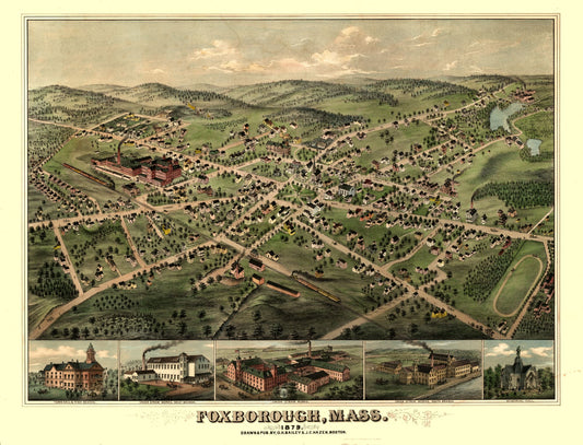 Historic Panoramic View - Foxborough Massachusetts - Bailey 1879 - 30.10 x 23 - Vintage Wall Art