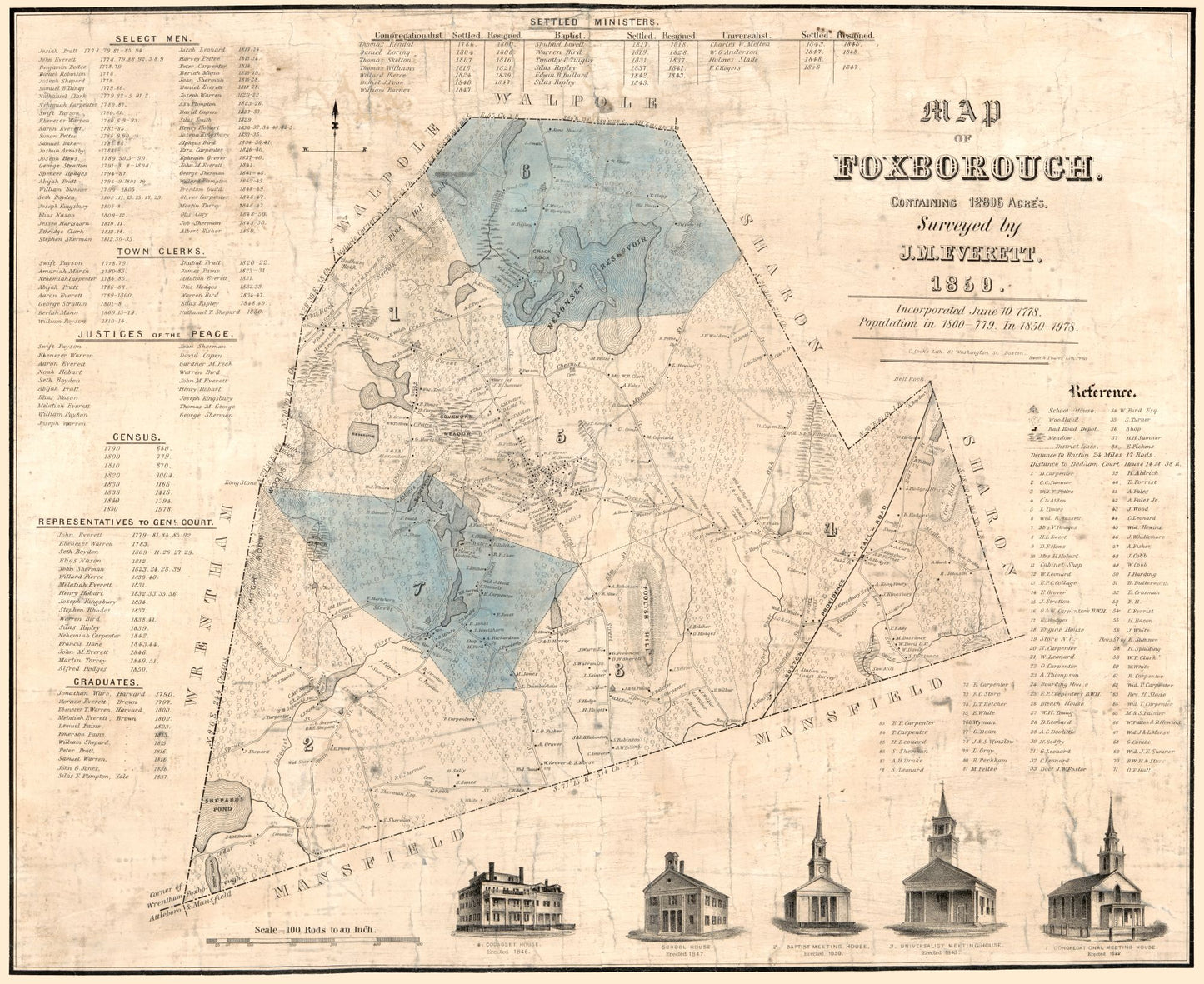 Historic City Map - Foxboro Massachusetts - Everett 1850 - 28.14 x 23 - Vintage Wall Art