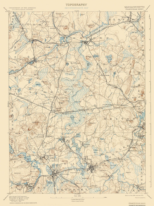 Topographical Map - Framingham Massachusetts Sheet - USGS 1894 - 23 x 30.69 - Vintage Wall Art