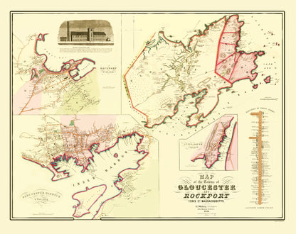 Historic City Map - Gloucester Rockport Massachusetts - Walling 1851 - 23 x 28.99 - Vintage Wall Art