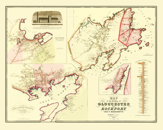 Historic City Map - Gloucester Rockport Massachusetts - Walling 1851 - 23 x 28.99 - Vintage Wall Art