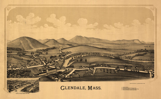 Historic Panoramic View - Glendale Massachusetts - Burleigh 1890 - 37.30 x 23 - Vintage Wall Art