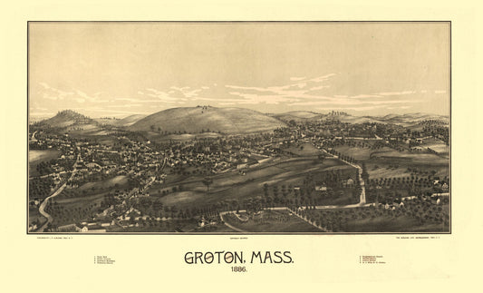 Historic Panoramic View - Groton Massachusetts - Burleigh 1886 - 37.91 x 23 - Vintage Wall Art