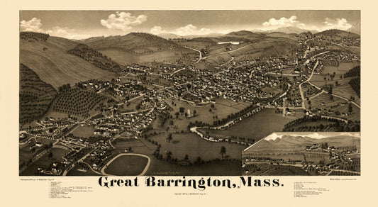 Historic Panoramic View - Great Barrington Massachusetts - Burleigh 1884 - 41.96 x 23 - Vintage Wall Art