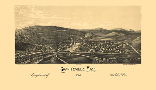 Historic Panoramic View - Graniteville Massachusetts - Burleigh 1886 - 39.79 x 23 - Vintage Wall Art