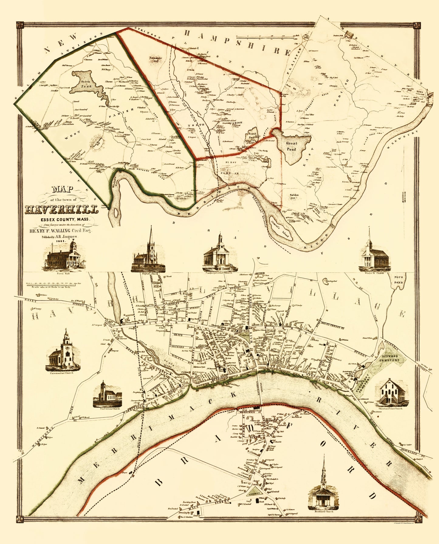 Historic City Map - Haverhil Massachusetts County - Jaques 1851 - 23 x 28.53 - Vintage Wall Art