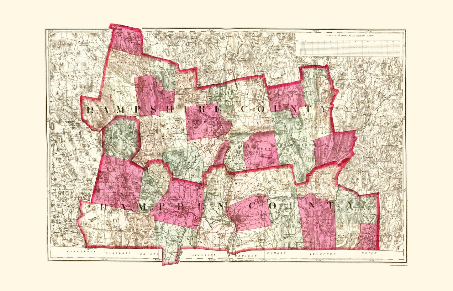 Historic County Map - Hampshire Hampden Counties Massachusetts - Walling 1871 - 23 x 35.83 - Vintage Wall Art