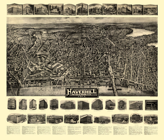 Historic Panoramic View - Haverhill Massachusetts - Bailey 1914 - 27.03 x 23 - Vintage Wall Art