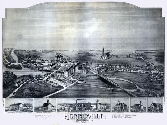 Historic Panoramic View - Hebronville Massachusetts - Bailey 1891 - 30.57 x 23 - Vintage Wall Art