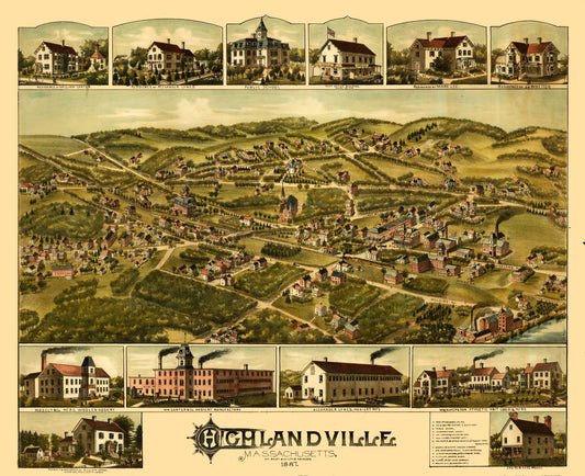 Historic Panoramic View - Highlandville Massachusetts - Bailey 1887 - 28.22 x 23 - Vintage Wall Art