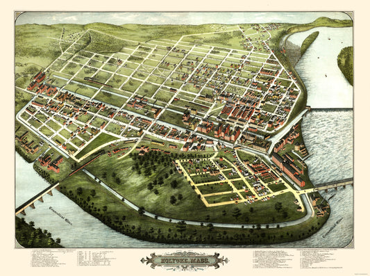 Historic Panoramic View - Holyoke Massachusetts - Bailey 1877 - 23 x 30.90 - Vintage Wall Art