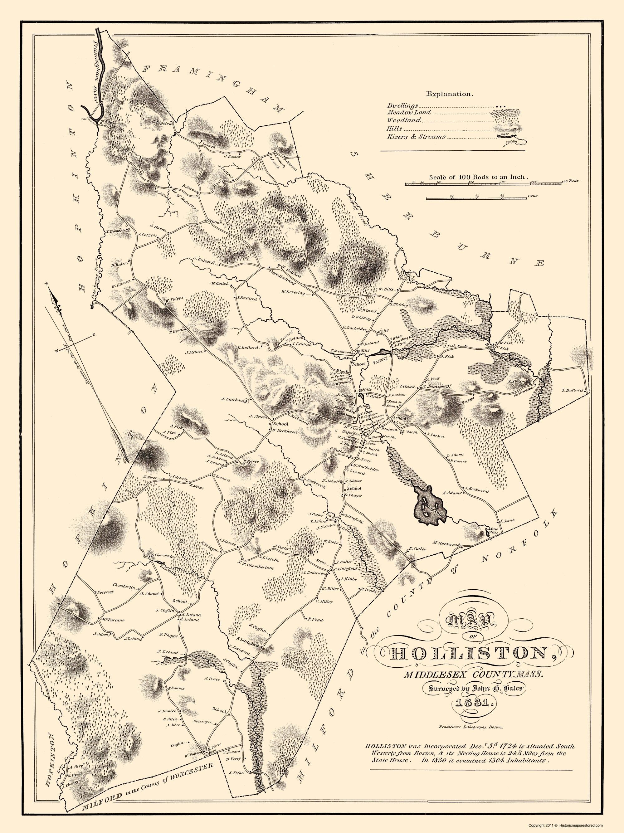 Historic City Map - Holliston Massachusetts - Pendleton 1831 - 23 x 30 ...