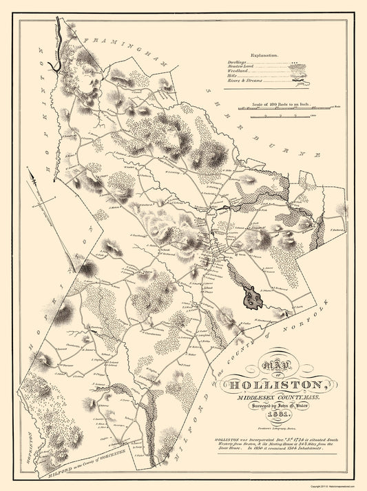 Historic City Map - Holliston Massachusetts - Pendleton 1831 - 23 x 30.70 - Vintage Wall Art