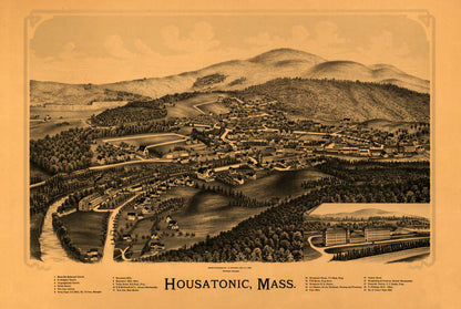 Historic Panoramic View - Housatonic Massachusetts - Burleigh 1890 - 34.32 x 23 - Vintage Wall Art