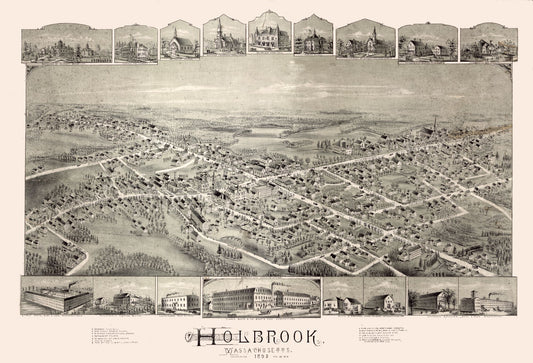 Historic Panoramic View - Holbrook Massachusetts - 1892 - 33.74 x 23 - Vintage Wall Art