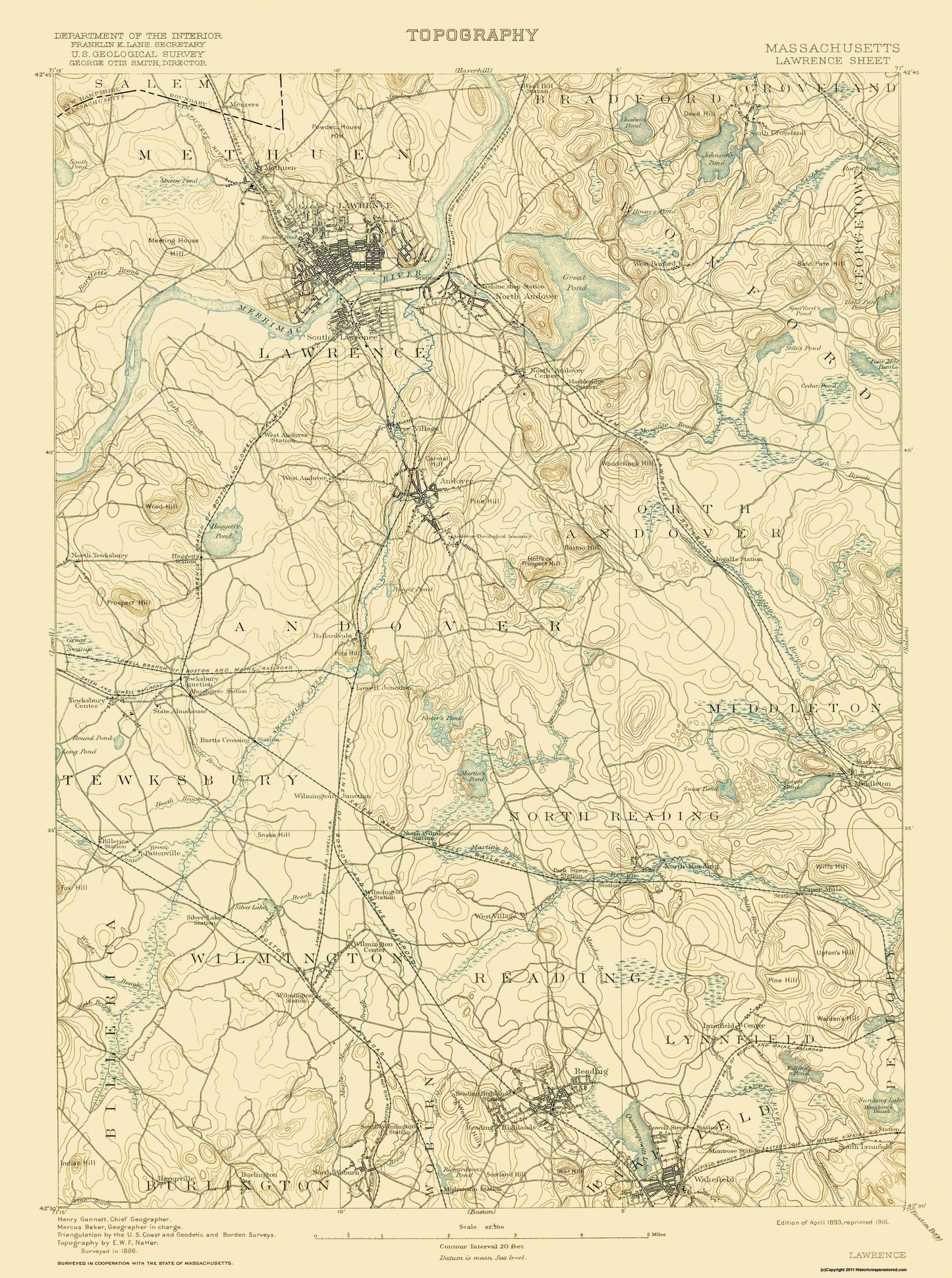 Topographical Map - Lawrence Massachusetts Sheet - USGS 1893 - 23 x 30.88 - Vintage Wall Art